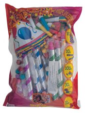 Párty set pro 10 osob, frkačky, serpentiny, píšťalky, kloboučky, vatové kuličky