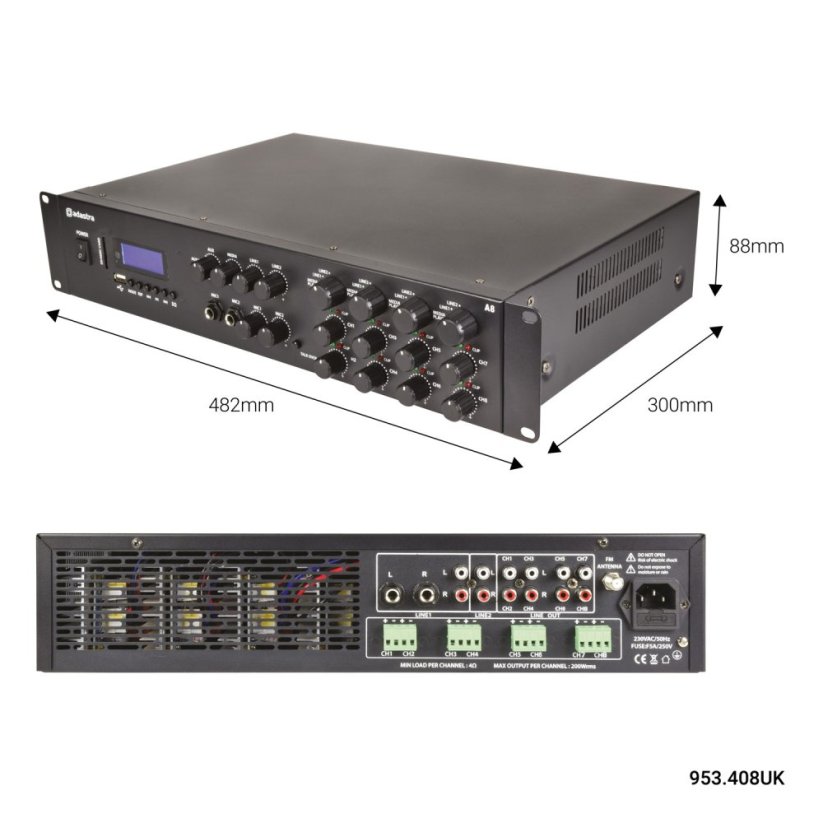 Adastra A8, mixážní 4-zónový zesilovač 8x 100W, BT/MP3/FM