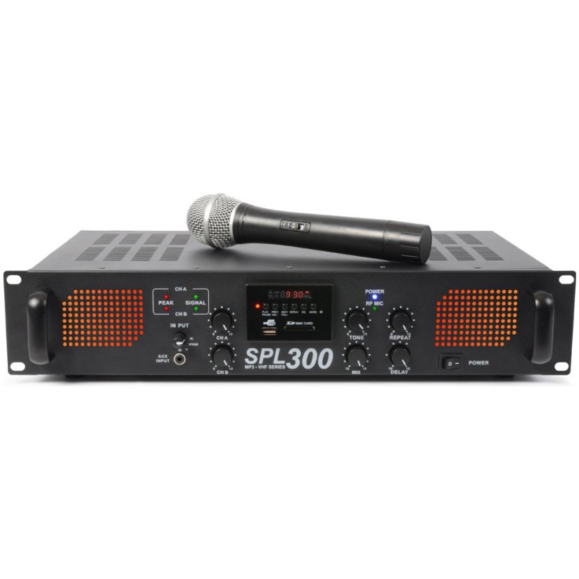 Skytec SPL-300, zesilovač s VHF mikrofonem, MP3, FM - rozbaleno (SK175560)