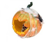 Halloween dýně v pavoučí síti s LED lebkou, 25 cm - DOPRODEJ