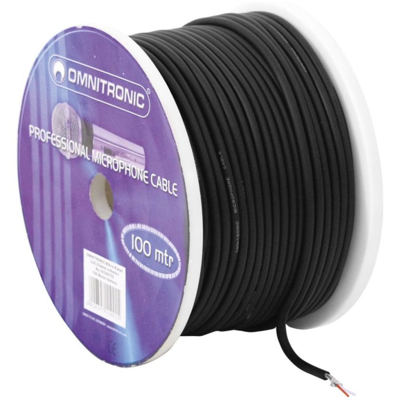 Omnitronic mikrofonní kabel, 2x0,22 mm, stíněný, černý, 100 m cívka