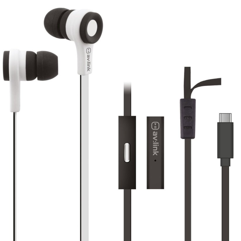 AV:link pogumovaná stereo sluchátka s handsfree, bílo-černá