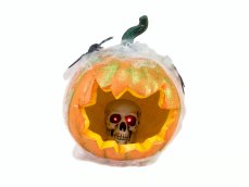 Halloween dýně v pavoučí síti s LED lebkou, 25 cm - DOPRODEJ Halloween dýně v pavoučí síti s LED lebkou, 25 cm - DOPRODEJ