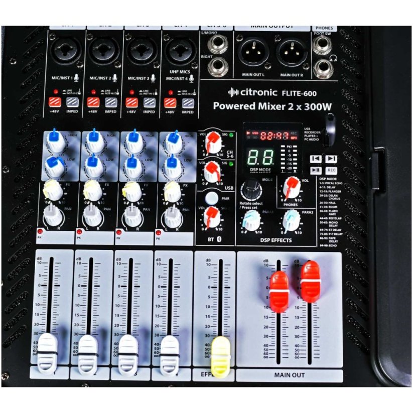 Citronic FLITE-600 aktivní mixážní pult 2x 300W, 2x UHF mikrofon, DSP efekty