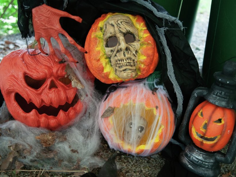 Halloween dýně v pavoučí síti s LED lebkou, 25 cm - DOPRODEJ